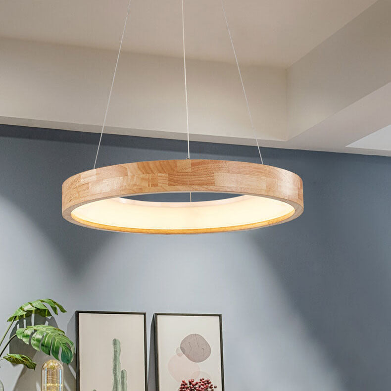 Japanese Minimalist Log-Circle Island LED Chandelier