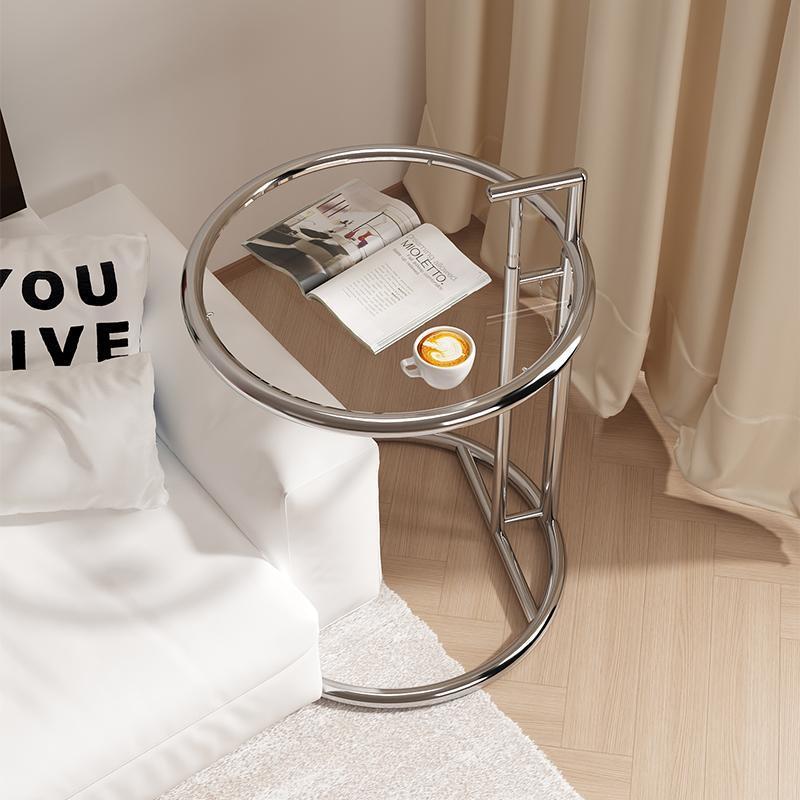 Modern Minimalist Round Side Table with Tempered Glass Top and Stainless Steel Frame, Extendable for Living Room