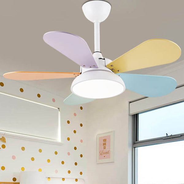 Simple Colorful Round Leaf Ceiling Fan for Kids with Light and Downrod