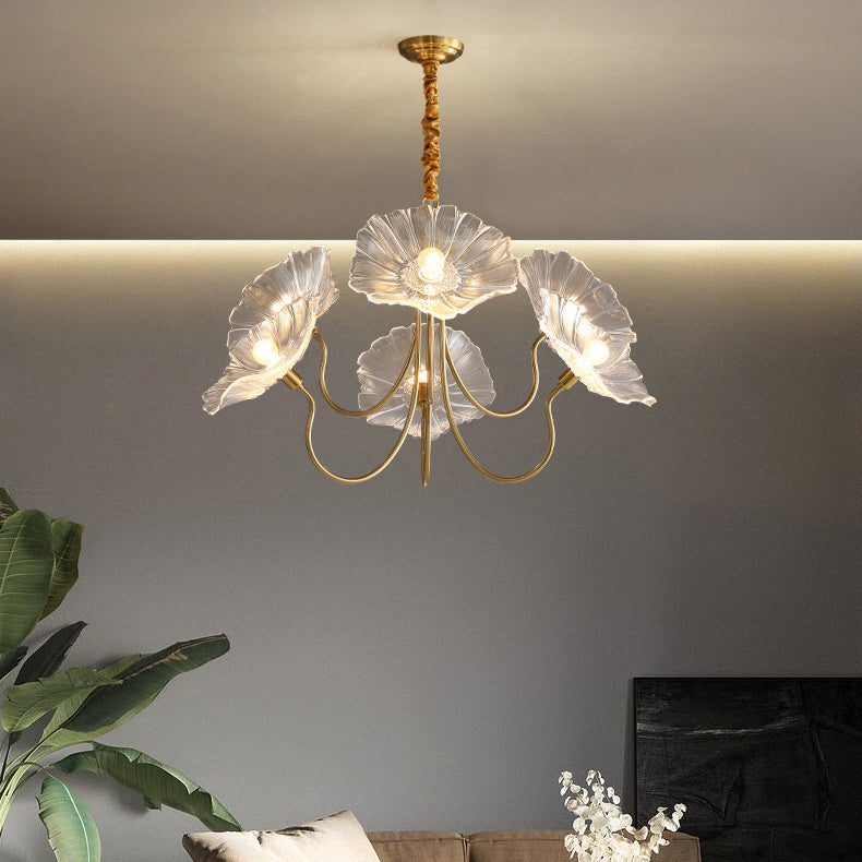 Elegant Modern Art Deco Gold-Finish Frame with Lotus Leaf Glass Shade, 3/6-Light Living Room Chandelier