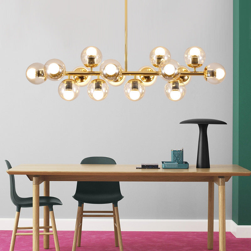Contemporary Scandinavian Long Round Globe Iron & Glass 16-Light Island Pendant Chandelier for Dining Room