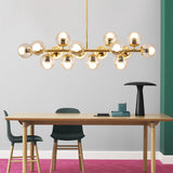 Contemporary Scandinavian Long Round Globe Iron & Glass 16-Light Island Pendant Chandelier for Dining Room