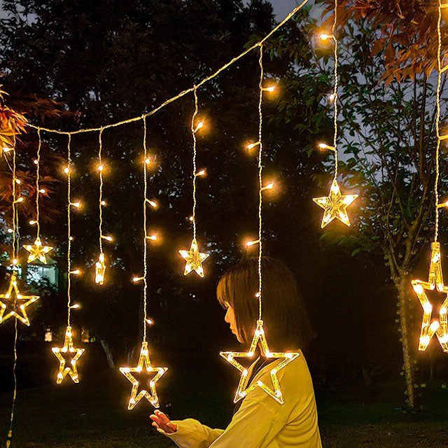 Solar-Powered LED Curtain Lights – Star & Moon Design, Outdoor Christmas String Lights for Patio, Garden and Camping