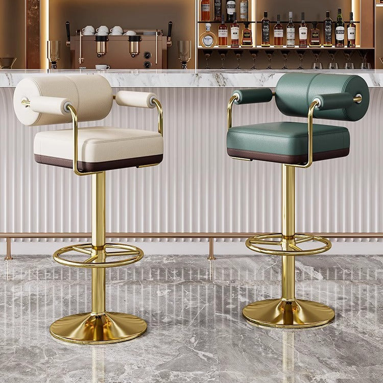 Luxurious Contemporary Faux Leather Upholstered Height-Adjustable Swivel Bar Stool with Armrests and Footrest for Dining Room