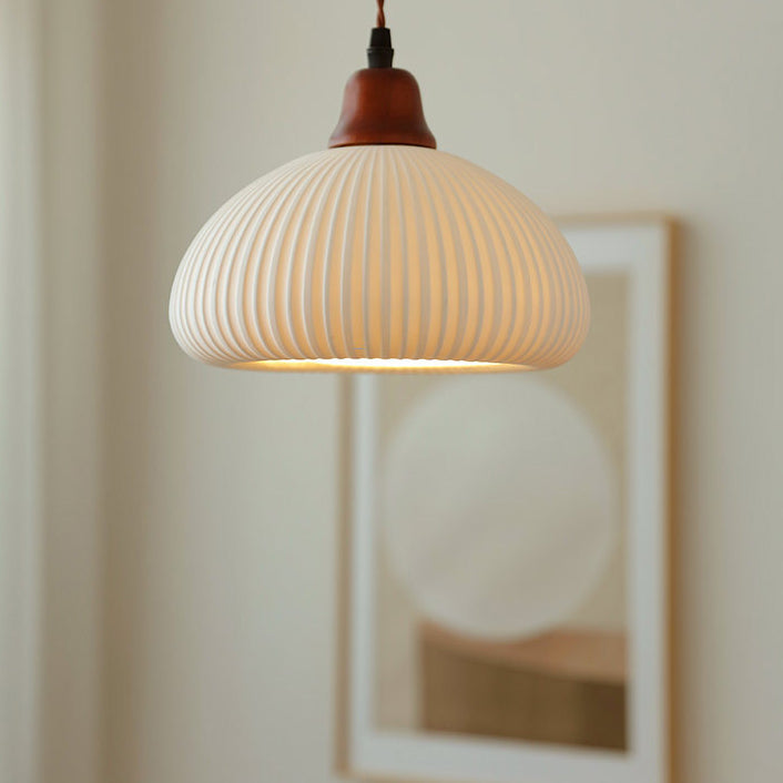 Elegant Japanese Vintage Pleated Ceramic Round Dome Wood 1-Light Pendant Lamp