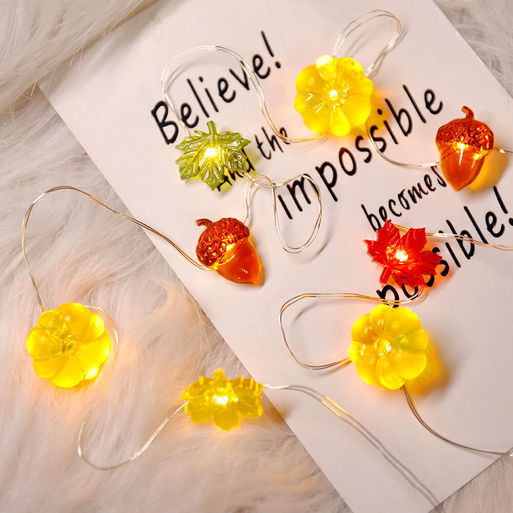 Modern Thanksgiving Maple, Acorn & Pumpkin Decor with 30 LED String Lights