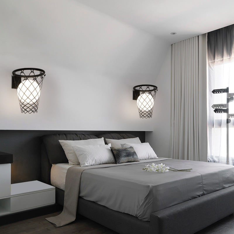 Modern Art Deco Kids' Iron & Glass Basketball Hoop Wall Sconce Lamp – 1-Light Bedroom Lighting