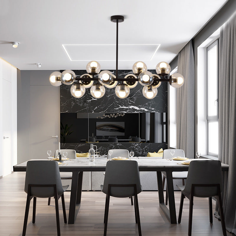 Contemporary Scandinavian Long Round Globe Iron & Glass 16-Light Island Pendant Chandelier for Dining Room