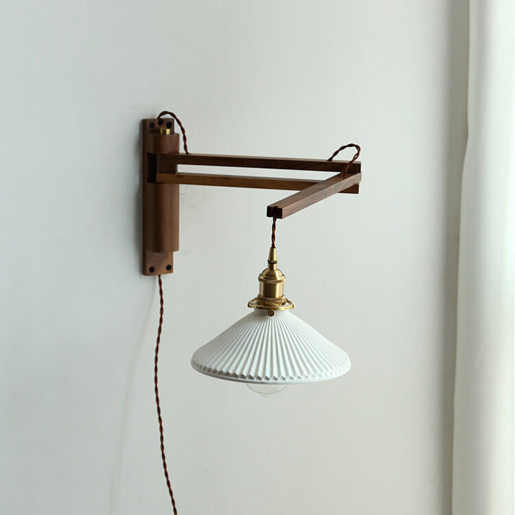 Nordic Milk-White Striped Glass and Walnut 1-Light Wall Sconce with Retractable Arm