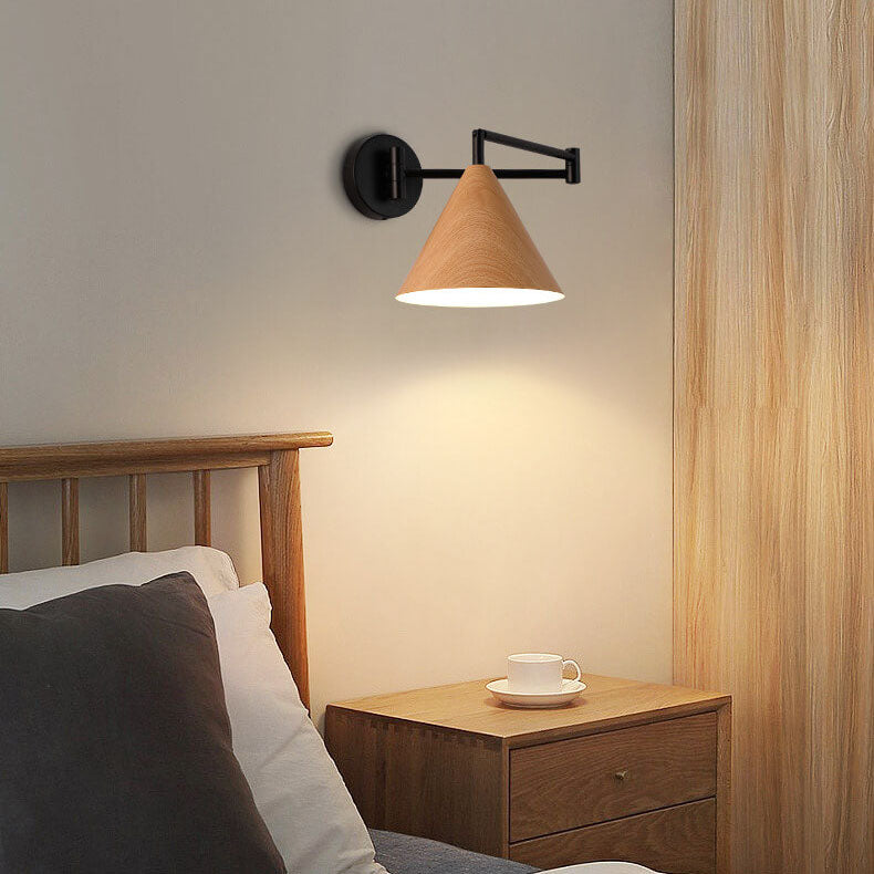 Nordic Minimalist Cone Swing Arm Wall Sconce Lamp - Wood Grain Iron Finish, 1-Light