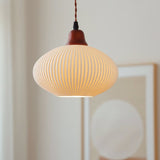 Elegant Japanese Vintage Pleated Ceramic Round Dome Wood 1-Light Pendant Lamp