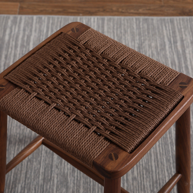 Elegant Traditional Japanese Rectangular Rope-Woven Wooden Bar Stool for the Dining Room