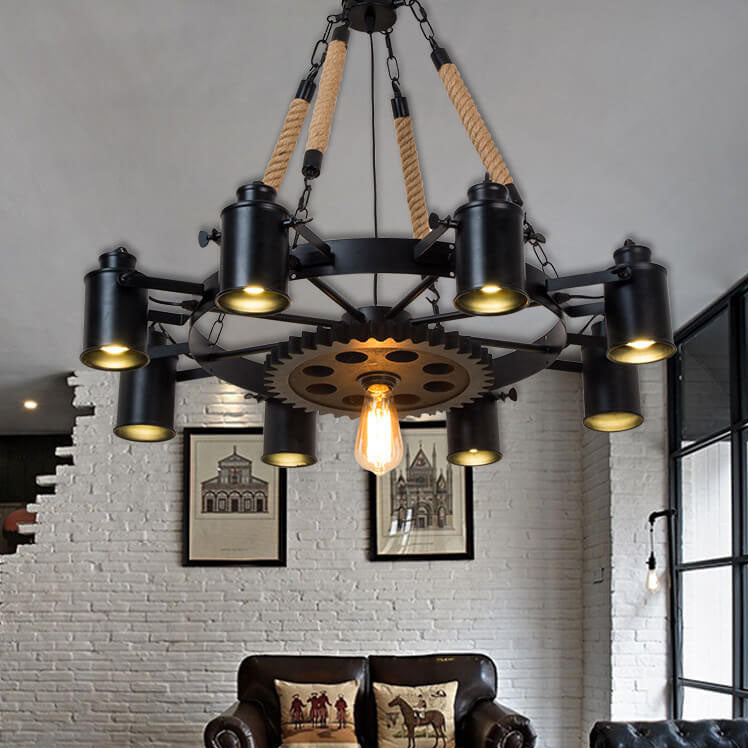 Industrial Retro Gear Wrought Iron Hemp Rope Chandelier - 6/8/10-Light