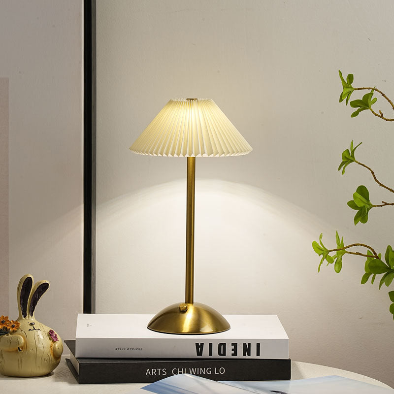 Modern Scandinavian Rechargeable Table Lamp – Iron Frame, Pleated Conical Fabric Shade, 1-Light, Perfect for Bedside