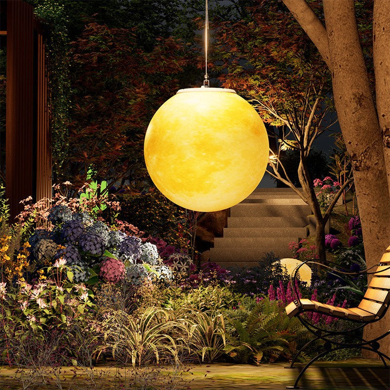 Nordic Contemporary Solar Moon LED Pendant Light – Waterproof Round PE Resin Outdoor Patio Lighting