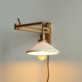 Nordic Milk-White Striped Glass and Walnut 1-Light Wall Sconce with Retractable Arm