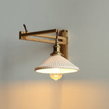 Nordic Milk-White Striped Glass and Walnut 1-Light Wall Sconce with Retractable Arm