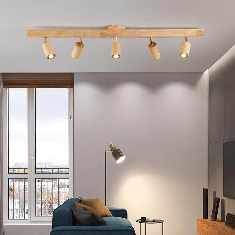 Japanese Minimalist Wooden LED Track Lighting, 2/3/4/5-Light, Semi-Flush Mount Ceiling Light
