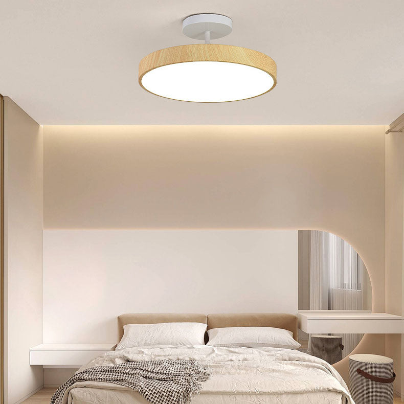 Elegant Japanese Wabi-Sabi Minimalist Wood-Grain Round LED Semi-Flush Mount Ceiling Light