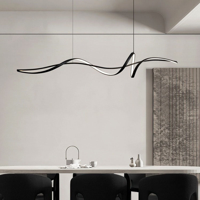 Modern Minimalist Wave Strip LED Chandeliers – Iron & Aluminum Frame with Silica Glass, Island Light for Dining Room