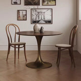 Chic Contemporary Retro Round Walnut & Copper Rattan Dining Table with 2 Chairs