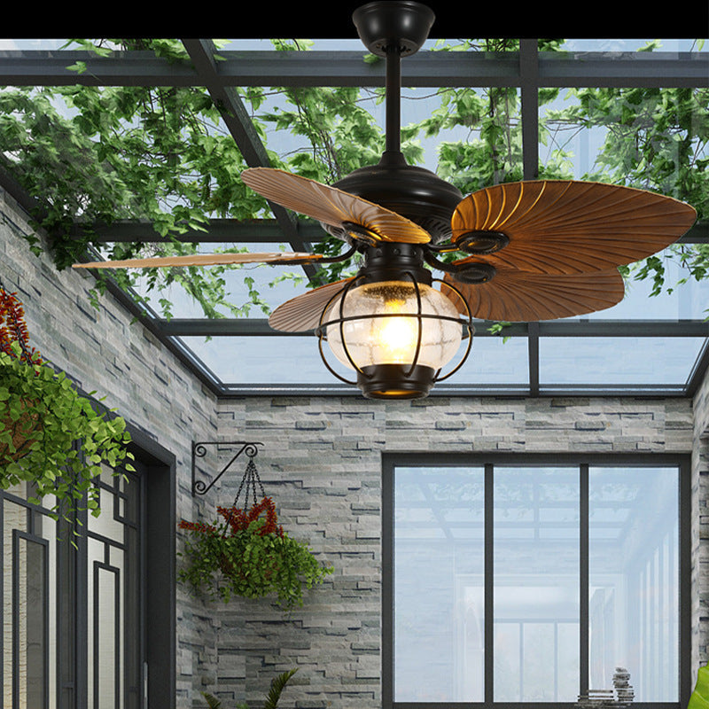 Traditional Rustic Lantern Ceiling Fan with Banana-Shaped Blades and Iron-and-Glass Light — 1-Light, Downrod Mount, Perfect for Living Rooms