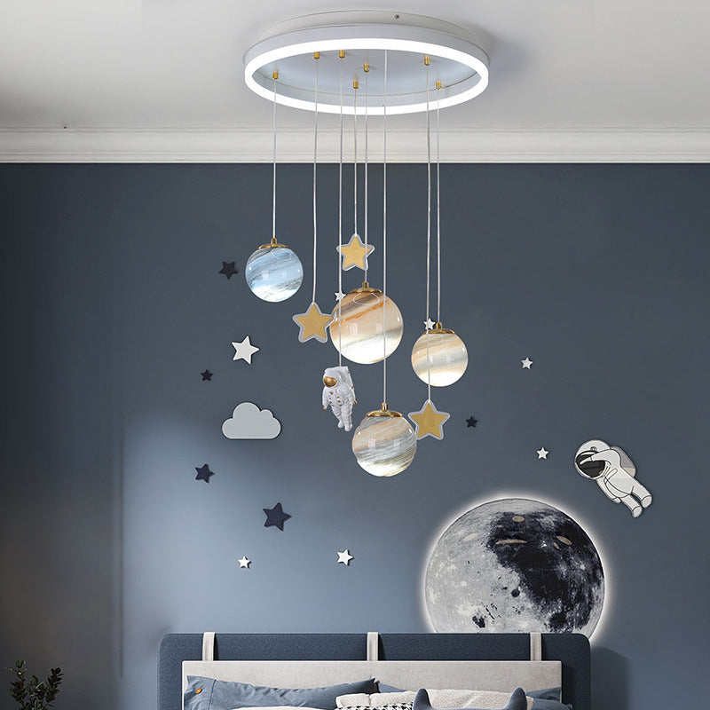 Modern Scandinavian Space Planet LED Kids Flush Mount Ceiling Light with Round Acrylic Glass Shade – Ideal for Bedroom