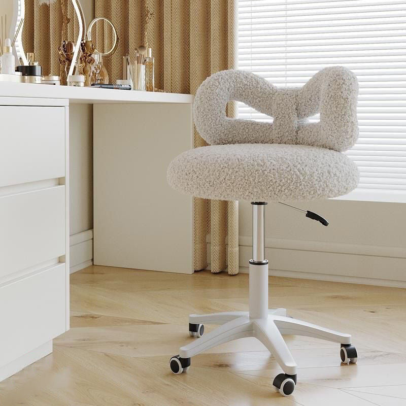 Modern Art Deco Butterfly Knot Vanity Stool – Round Lambswool and Faux Leather Seat, Metal Frame, Backrest, Armless, for Bedroom
