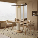 Traditional Japanese Elliptical Ash Wood Dining Table & Faux Leather Chair Set - Oak Finish, Seats 4-6