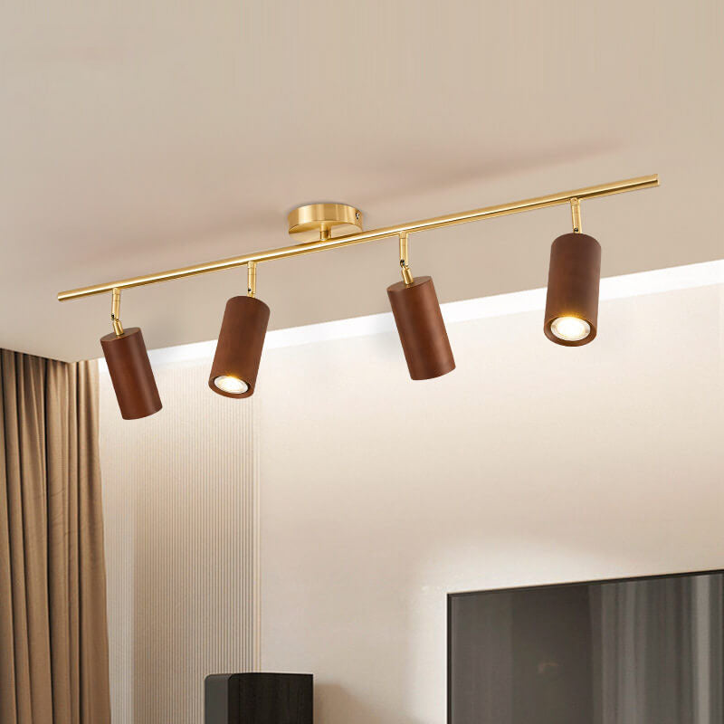 Nordic Minimalist Walnut Wood LED Track Spotlight — Linear Ceiling Light (1–4 Lights), Semi-Flush Mount