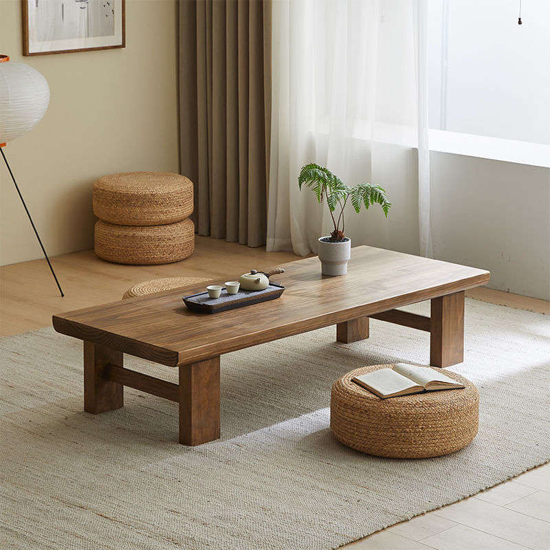 Traditional Japanese Rectangular Solid Wood Coffee Table with Four Sturdy Legs for the Living Room