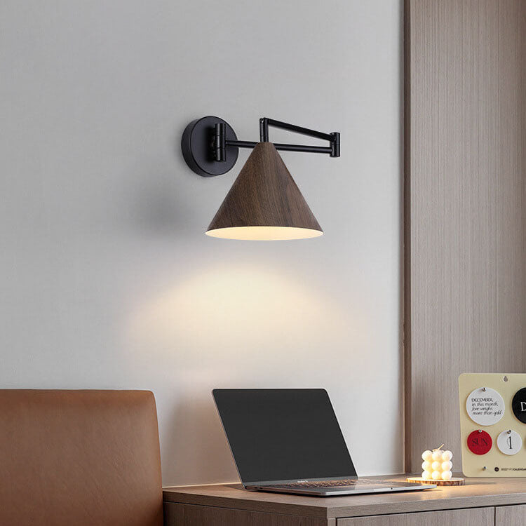 Nordic Minimalist Cone Swing Arm Wall Sconce Lamp - Wood Grain Iron Finish, 1-Light