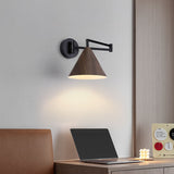 Nordic Minimalist Cone Swing Arm Wall Sconce Lamp - Wood Grain Iron Finish, 1-Light