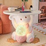 Modern Art Deco Kids Rabbit End Table with 1 Drawer and LED Light — Round Top, Resin-Wood Enamel Finish, Bedroom Nightstand