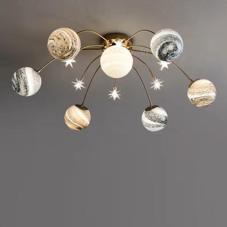 Contemporary Nordic Kids' Iron & Glass Globe Ceiling Light, 13-Light Semi-Flush Mount for Bedroom