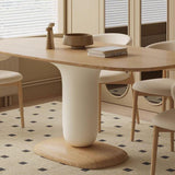 Traditional Japanese Elliptical Ash Wood Dining Table & Faux Leather Chair Set - Oak Finish, Seats 4-6
