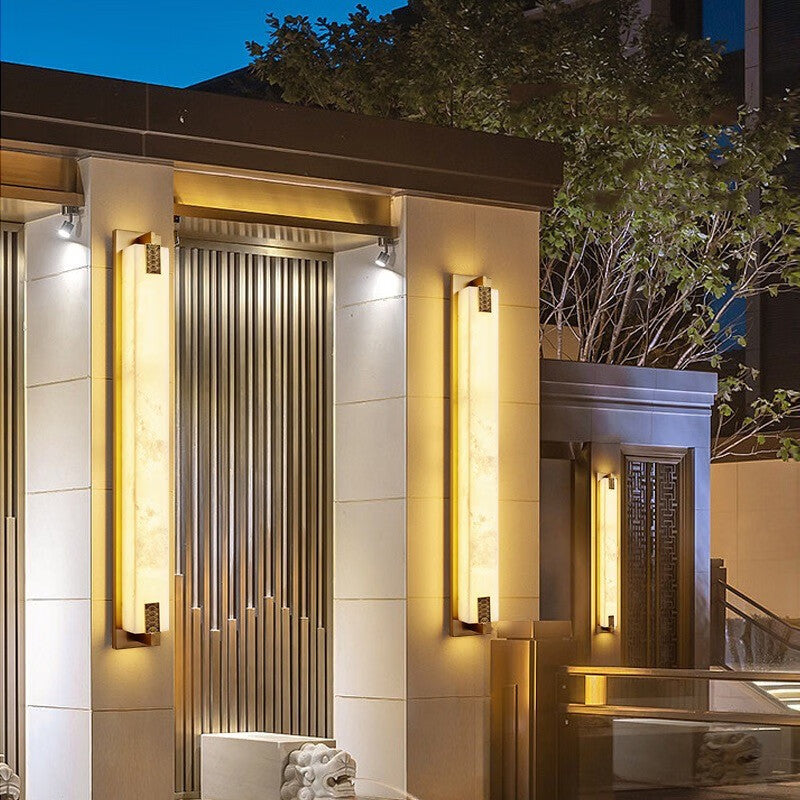 Elegant Modern-Transitional Rectangular Copper-Marble LED Outdoor Wall Sconce Lamp for Patio