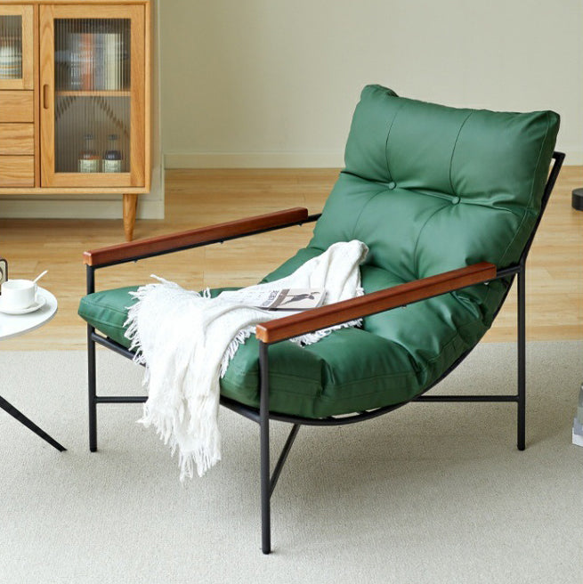 Modern Mid-Century Rectangular PU Leather Recliner Chair with Carbon Steel Frame, Rubberwood & Solid Wood Accents, PP Cotton Backrest for Living Room