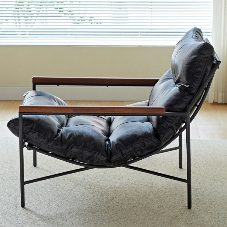 Modern Mid-Century Rectangular PU Leather Recliner Chair with Carbon Steel Frame, Rubberwood & Solid Wood Accents, PP Cotton Backrest for Living Room