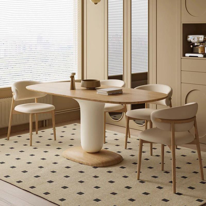 Traditional Japanese Elliptical Ash Wood Dining Table & Faux Leather Chair Set - Oak Finish, Seats 4-6