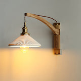Nordic Milk-White Striped Glass and Walnut 1-Light Wall Sconce with Retractable Arm