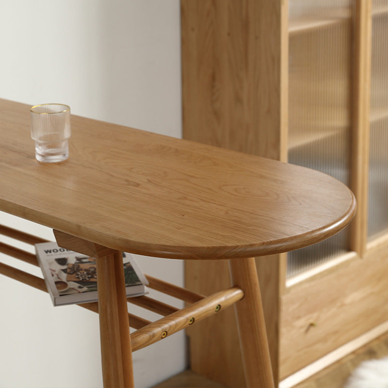 Contemporary Scandinavian Long Oval Wood Bar Table with 2-Tier Shelves for Dining Room