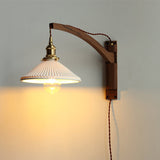 Nordic Milk-White Striped Glass and Walnut 1-Light Wall Sconce with Retractable Arm