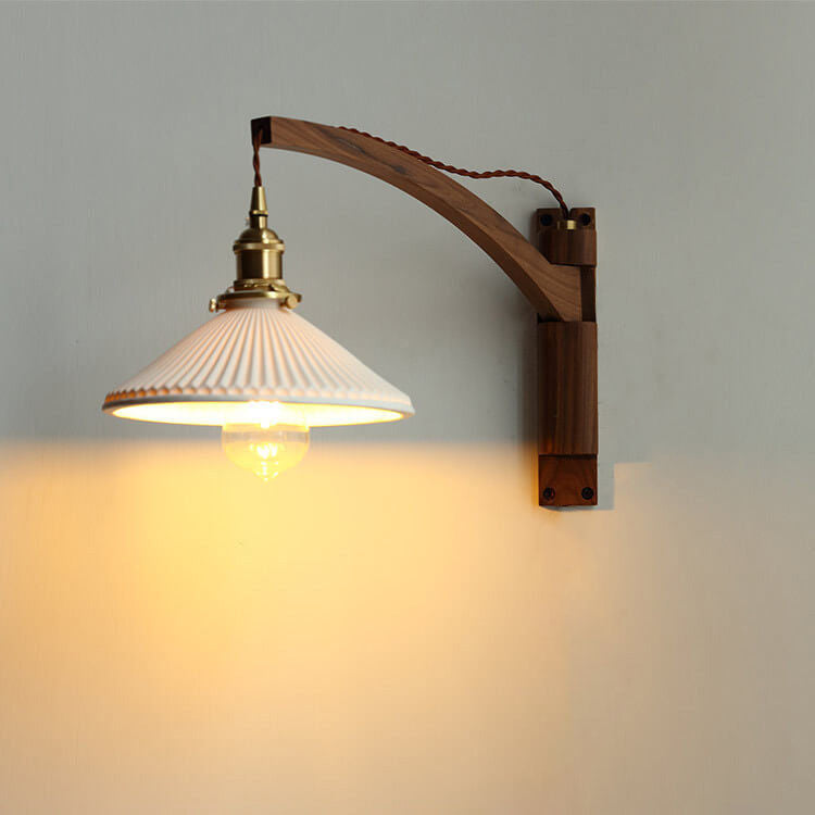 Nordic Milk-White Striped Glass and Walnut 1-Light Wall Sconce with Retractable Arm
