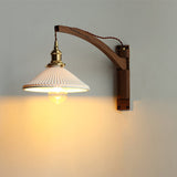 Nordic Milk-White Striped Glass and Walnut 1-Light Wall Sconce with Retractable Arm