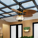 Traditional Rustic Lantern Ceiling Fan with Banana-Shaped Blades and Iron-and-Glass Light — 1-Light, Downrod Mount, Perfect for Living Rooms