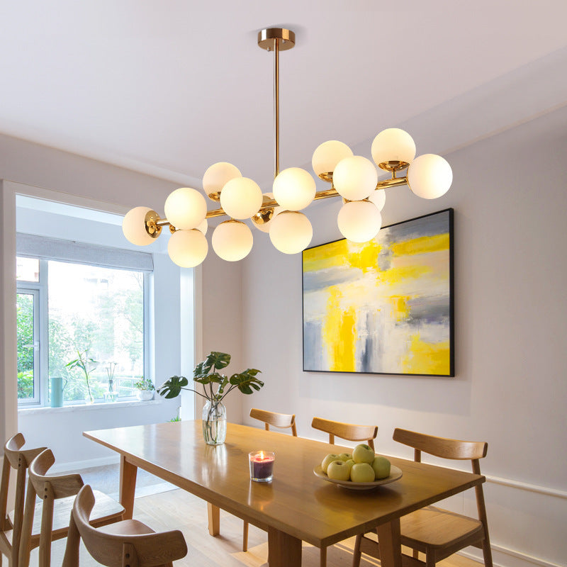 Contemporary Scandinavian Long Round Globe Iron & Glass 16-Light Island Pendant Chandelier for Dining Room