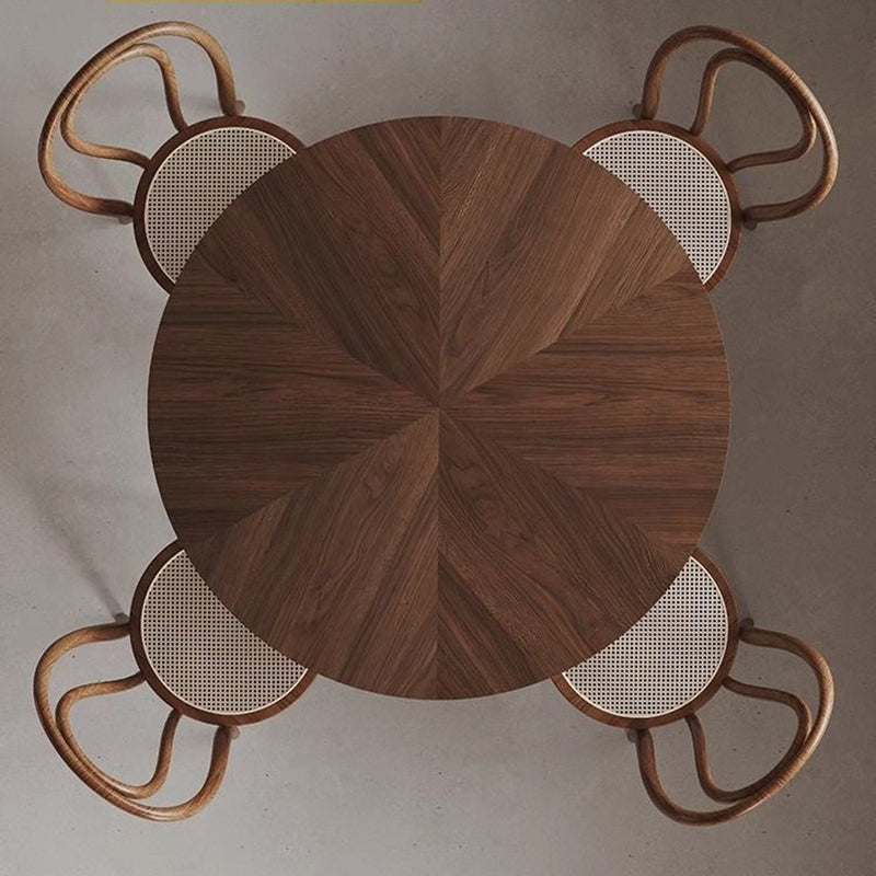 Chic Contemporary Retro Round Walnut & Copper Rattan Dining Table with 2 Chairs
