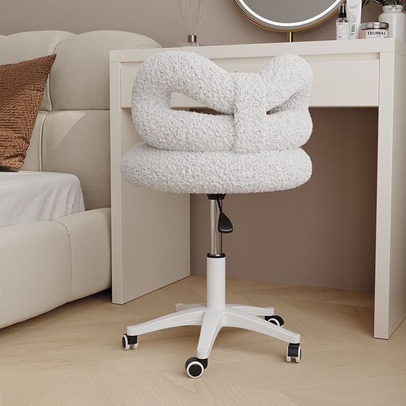 Modern Art Deco Butterfly Knot Vanity Stool – Round Lambswool and Faux Leather Seat, Metal Frame, Backrest, Armless, for Bedroom