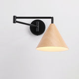 Nordic Minimalist Cone Swing Arm Wall Sconce Lamp - Wood Grain Iron Finish, 1-Light
